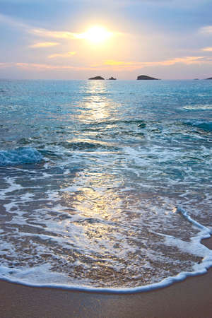 Beautiful sandy Cala Comte beach with azure blue sea water, Ibiza island, Spainの写真素材