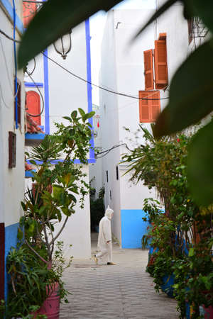 Beautiful view of street with typical arabic architecture in Asilah. Location: Asilah, North Morocco, Africa. Artistic picture. Beauty worldの写真素材
