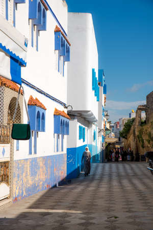 Beautiful view of street with typical arabic architecture in Asilah. Location: Asilah, North...