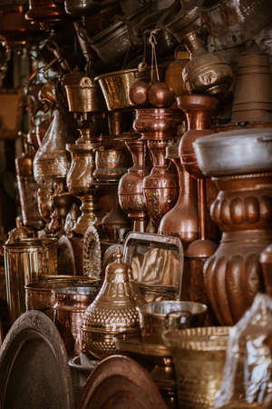 Decorative elements on the souk (market) in the old town, Medina in Morocco. Jug for brewing the tea.の写真素材