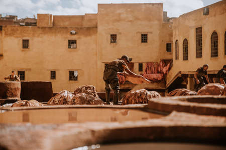 Tanneries of Fes, Morocco, AfricaOld tanks of the Fez's tanneries with color paint for leather, Morocco, Africaのeditorial素材