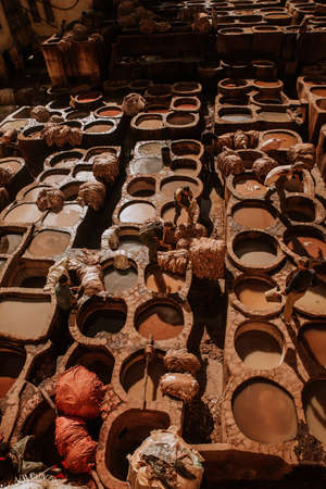 Tanneries of Fes, Morocco, AfricaOld tanks of the Fez's tanneries with color paint for leather, Morocco, Africaのeditorial素材