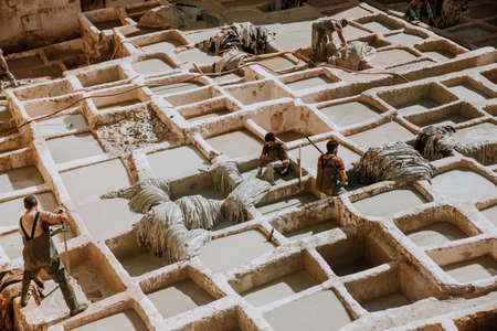 Tanneries of Fes, Morocco, AfricaOld tanks of the Fez's tanneries with color paint for leather, Morocco, Africaのeditorial素材