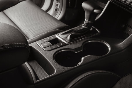 Vehicle interior with black leather seats and automatic gear leverの写真素材