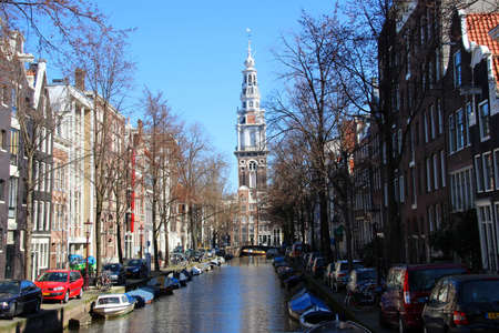 View on Zuiderkerk from Groenburgwal canal in Amsterdam, Netherlands のeditorial素材