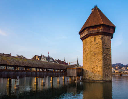 Chapel Bridge at dusk in City of Lucern, Switzerlandのeditorial素材