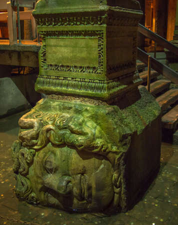 Medusa head statue in The Basilica Cistern, Istanbul, Turkeyの写真素材