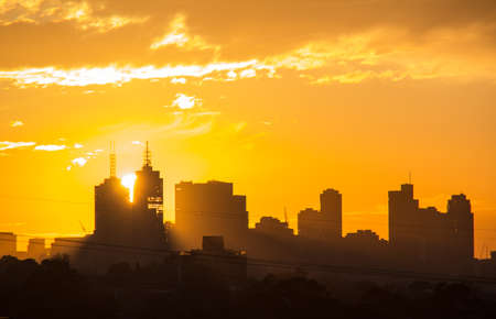 Afternoon sun setting through the building of Melbourne City.の写真素材