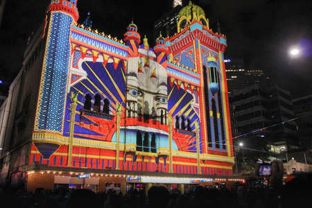 AUSTRALIA, MELBOURNE - FEBRUARY 23, 2014: Concert hall The Forum lit up as Luna Park during White Night.のeditorial素材