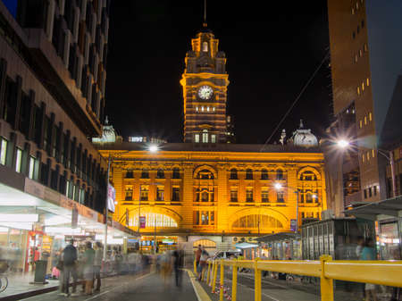 AUSTRALIA, MELBOURNE - February 22, 2015: Melbourne's Iconic Flinders Street Station clock tower  at nightのeditorial素材