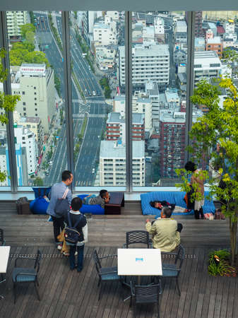 JAPAN, OSAKA - APRIL 22, 2018: Observation deck at the top of Abeno Harukas, the tallest skyscraper in Japan.のeditorial素材