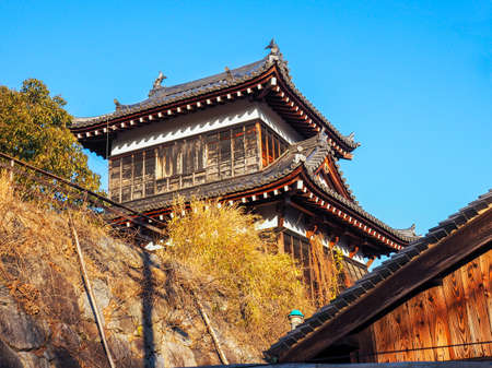 JAPAN, KORIYAMA - JAUNARY 12, 2018: Old Castle turret of Yamato-Koriyama Castle ruins in Nara Prefecture, Japan. Castle was erected in 1580, abandoned in 1873 and partly reconstructed in 1980sのeditorial素材