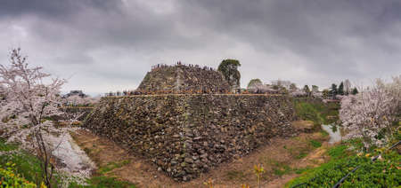 JAPAN, KORIYAMA - APRIL 17, 2018: Remaining ruins of the main keep of Yamato Koriyama castle, Nara Prefecture, Japanのeditorial素材