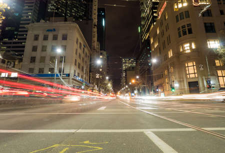 AUSTRALIA, MELBOURNE - AUGUST 12, 2016: Long exposure of a Melbourne city street at nightのeditorial素材