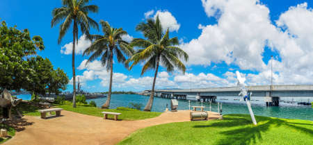 USA, HAWAII - AUGUST 31, 2018: USS Bowfin Submarine and Admiral Clarey Bridge, also known as the Ford Island Bridge in Pearl Harborのeditorial素材