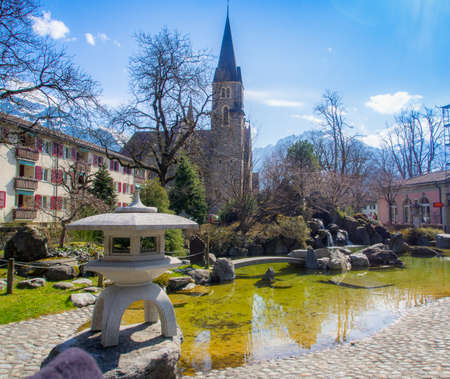 Japanese Garden and Catholic Church in Interlaken, Switzerlandの写真素材