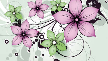 background with pink and green flowers with curved linesの写真素材
