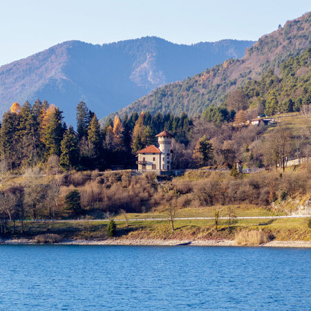 Beautiful view of the Villa Dianella 'Il Castello' on Lake Ledro, Molina di Ledro (TN) with the colors of late autumn.のeditorial素材