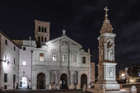 Horizontal night view of the Basilica of St. Bartholomew on the Island, Rome, Italyのeditorial素材