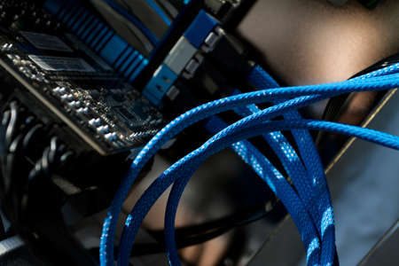 Closeup view of inside computer circuit board parts. Computer modding