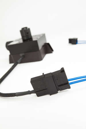 Closeup view of inside parts, cables and connectors of a modern modded computerの写真素材