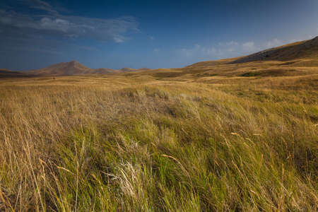 A view of the landscape somewhere near the road to arrive at the Astronomical Observatory of Campo Imperatore in Abruzzo, Italyの写真素材