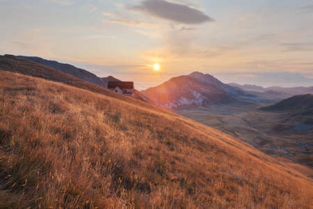 A view from the high peak of the mountain near the Rifugio Duca degli Abruzzi, 2388m, Campo Imperatore, Abruzzo, Italyの写真素材