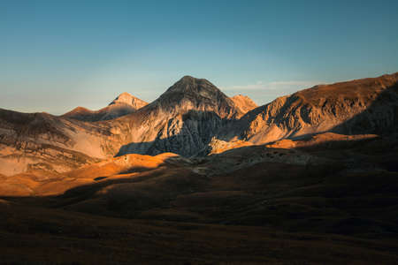 A view from the high peak of the mountain near the Rifugio Duca degli Abruzzi, 2388m, Campo Imperatore, Abruzzo, Italyの写真素材