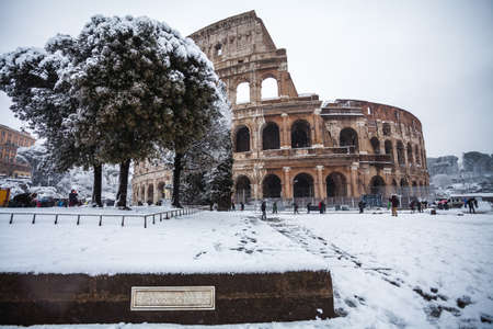 A lovely day of snow in Rome, Italy, 26th February 2018: a beautiful view of Colosseum under the snowのeditorial素材