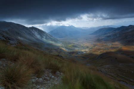 A view from the high peak of the mountain near the Rifugio Duca degli Abruzzi, 2388m, Campo Imperatore, Abruzzo, Italyの写真素材