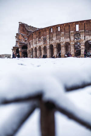 A lovely day of snow in Rome, Italy, 26th February 2018: a beautiful view of Colosseum under the snowのeditorial素材