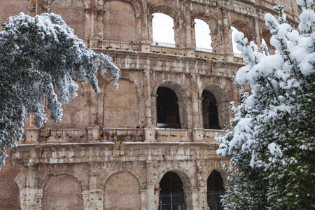 A lovely day of snow in Rome, Italy, 26th February 2018: a beautiful view of Colosseum under the snowのeditorial素材
