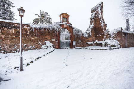 A lovely day of snow in Rome, Italy, 26th February 2018: a beautiful view of the Church of the Saint Sebastiano in Palatino under the snowのeditorial素材