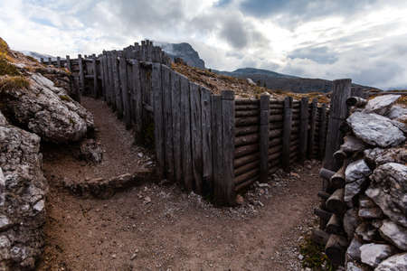 Trenches of World War in Dolomites, Cinque Torri. Landscapes and ruins dramatic memories of Wars in Dolomitesの写真素材