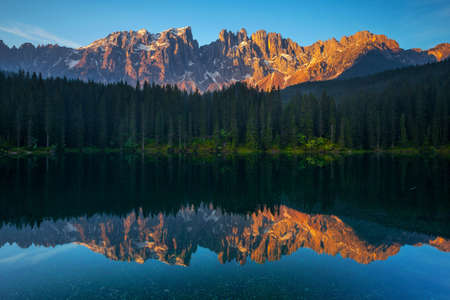 Epic view of mountains and lakes somewhere in Dolomites, Italy. Gorgeous landscape