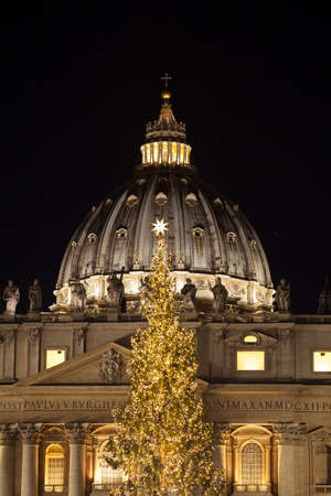 The beautiful big Christmas Tree in Saint Peter Square in front of the Basilica of Saint Peter in Rome, Italyの写真素材