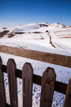 A view of the landscape and mountains near Castelluccio di Norcia, Norcia, Umbria, Italyの写真素材
