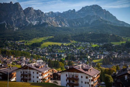 A view of Cortina d'Ampezzo from an hill above the city, Dolomites, Veneto, Italyの写真素材