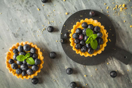 blueberries egg tart on the plate.の写真素材