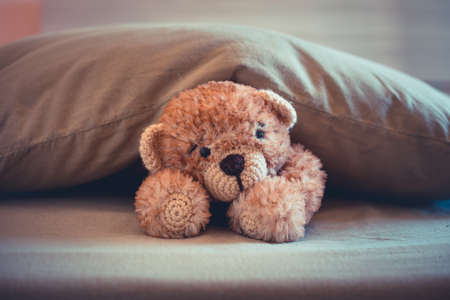 Cute wool teddy bear is lying in the bedの写真素材