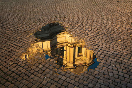 Reflection of Sant'Agnese in Agone, Navona Square, Rome, Italyの写真素材