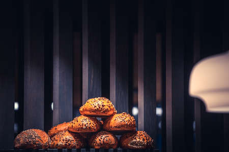 Composition of ordinary bakery with bread and buns in a bakeryの写真素材