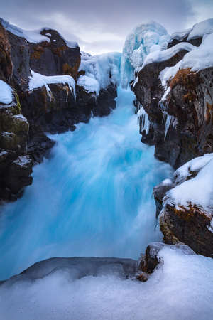 BrÃºarÃ¡rfoss Waterfall, Iceland, North Atlantic Oceanの写真素材