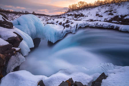 Little waterfalls near BrÃºarÃ¡rfoss Waterfall, Iceland, North Atlantic Oceanの写真素材