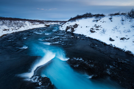 BrÃºarÃ¡rfoss Waterfall, Iceland, North Atlantic Oceanの写真素材