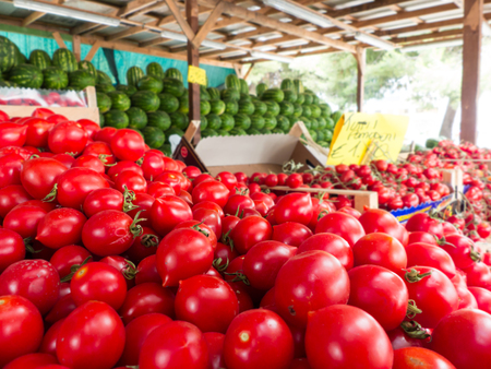 Tomato and watermelons stand at market, on a summer day in taranto, italyの写真素材