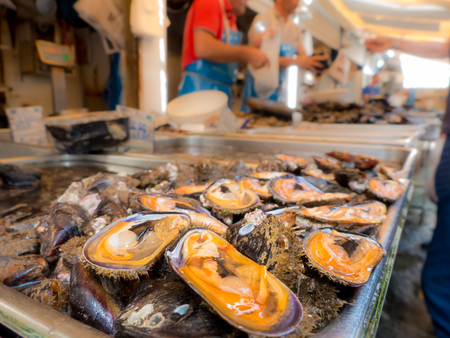 fresh mussels at the fish shopの写真素材