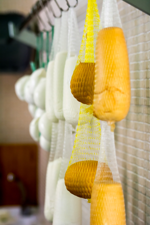 Italian fresh cheese hanging in a dairyの写真素材