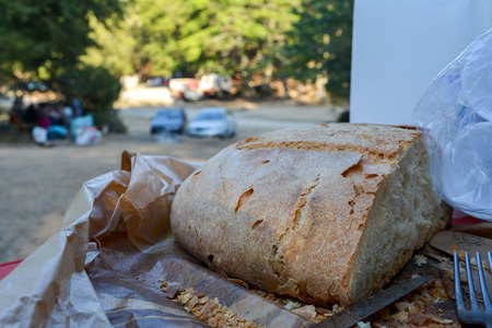 Some cut bread, a steel fork and some plastic cups in the park after a picnicの写真素材