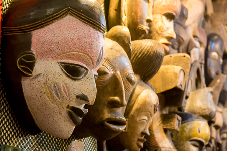 sale of african masks at the marketの写真素材